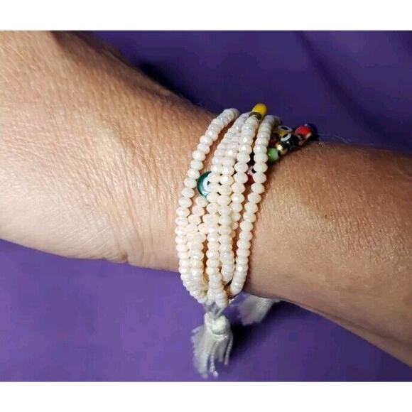 Light Pink Iridescent & Multicolor Evil Eye Multistrand Bead Bracelet Adjustable - Picture 2 of 8